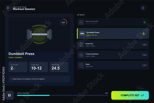 A digital dashboard for a fitness application showing a dumbbell press workout session with progress tracking, set details, target reps, and a list of upcoming exercises on a dark background.