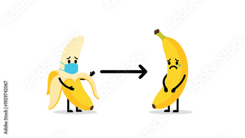 Banana character wearing a blue face mask points an arrow toward another sad banana to illustrate social distancing and health safety guidelines.