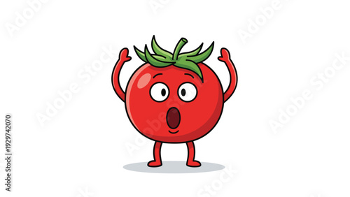 Red tomato character with wide eyes and an open mouth displays a surprised or shocked expression in this funny and bright vegetable illustration.