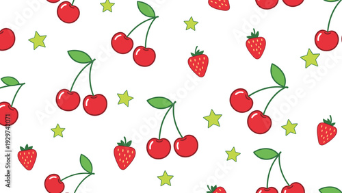 Seamless vector pattern featuring red cherries green leaves strawberries and lime green stars scattered across a clean white background for prints.