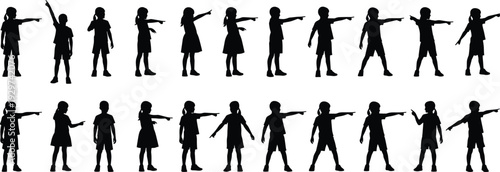 Children silhouettes set pointing fingers in different directions, little boys and girls showing way or discovery, black vector icons for education and school projects