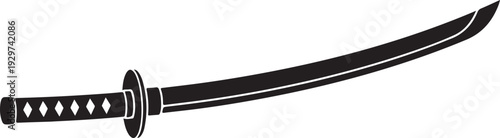 A sleek black samurai sword with a curved blade and diamond patterned handle