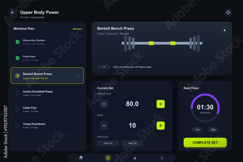 A digital fitness application interface displays an upper body workout plan featuring a barbell bench press exercise with weight and rep tracking alongside a rest timer on a dark screen.