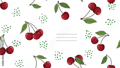 Hand-drawn cherry pattern with pairs of red fruits green leaves and clusters of green dots around a central space for custom text or labels.