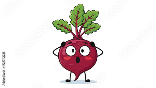 Surprised beet character with green leaves holding its head and showing a shocked expression with a wide mouth and large eyes in a fun vector.