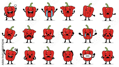 Large grid of red bell pepper emojis showing a wide range of emotions from happy and sad to surprised and masked for diverse digital stickers.