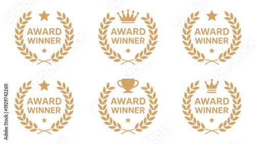 set of golden award winner emblems, laurel wreaths, crowns, stars, and trophies, representing achievement, vector illustration collection for recognition and celebration.