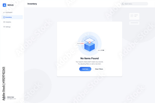 A modern user interface design for an inventory management dashboard showing an empty state with a box illustration, search bar, sidebar navigation, and call to action buttons.