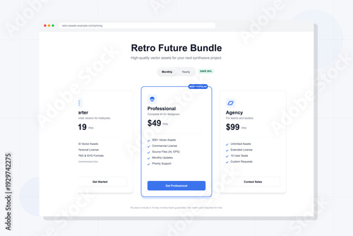 A clean website interface showing a pricing table for a digital asset bundle. It features three subscription tiers with different price points and feature lists on a white background.