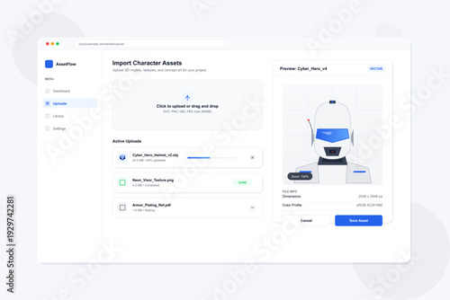 Web application interface displaying a character asset import page featuring a drag and drop zone, active upload progress, and a detailed preview of a futuristic robot head.