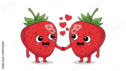 Pair of cute strawberry characters holding hands with several red hearts floating between them to celebrate love romance and sweet connections.