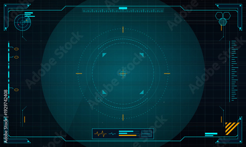This high-tech digital user interface features a central targeting reticle, various data visualization elements, and a grid pattern on a dark blue background with cyan highlights.