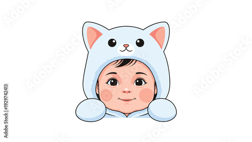 Adorable baby wearing a light blue cat ear hoodie peeking over a white edge with its hands resting on the surface on a white background.