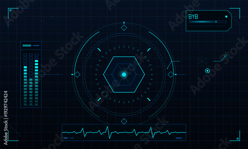 Futuristic digital head-up display interface featuring a central hexagonal target, circular gauges, data bars, and a waveform on a dark blue grid background.