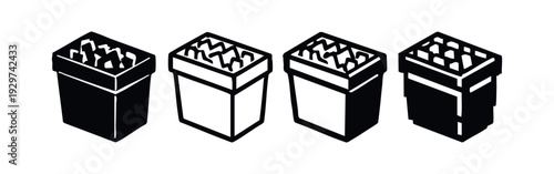 Isometric Trash Can with Crumpled Paper Icons Set