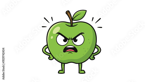 Angry cartoon green apple character with a grumpy face and hands on hips standing on a white background with a small shadow.