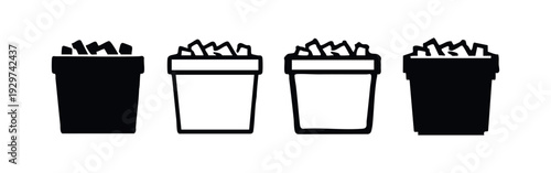 Trash Can with Crumpled Paper Icons Set