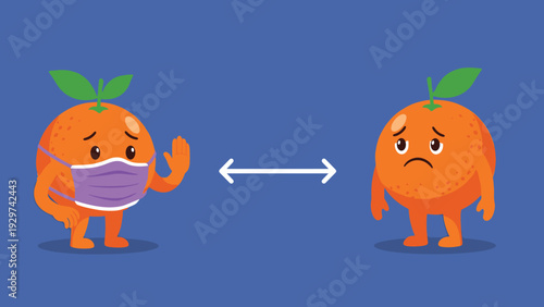 Two cartoon oranges standing apart with an arrow showing distance and one wearing a face mask to demonstrate social distancing rules.