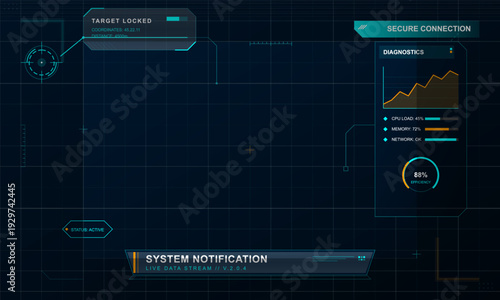 This futuristic digital head-up display interface includes system diagnostics, target locking information, and live data stream notifications on a dark blue grid background.