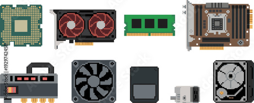 Pixel art computer hardware components set, CPU GPU RAM motherboard and cooling fan, retro 8-bit tech illustration