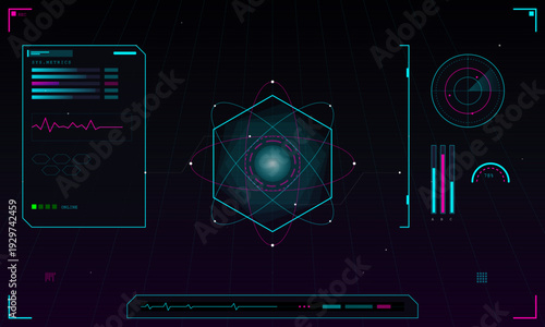 A futuristic digital interface display featuring a central hexagonal graphic surrounded by orbital rings, system metrics panels, data charts, and a radar scanner on a dark background.