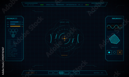 A futuristic orbital command interface displays a central target lock, system diagnostics, wave analysis, and radar signals on a dark blue digital grid background with cyan accents.