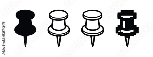 Set of pushpin icons in various styles - solid, outline, 3D, and pixel art on a white background.