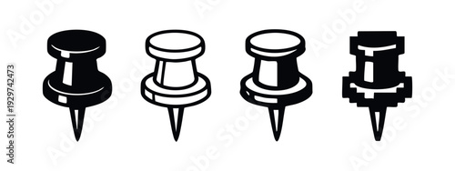 Isometric pushpin icons in a set, featuring solid, outline, detailed, and pixel art styles on a white background.