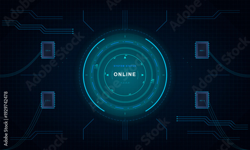 A futuristic digital interface displays a system status online message within a circular HUD. The dark blue background features glowing circuitry lines and computer chip icons.