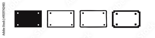 Collection of square label or tag icons with four corner holes in various graphic styles on white.