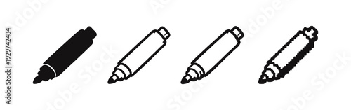 Collection of marker pen icons in solid, outline, detailed, and pixel art styles on a white background.