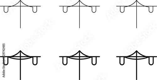 Electric power line poles and utility transmission towers vector icons set, industrial electricity supply infrastructure silhouettes, black line art for energy and engineering projects