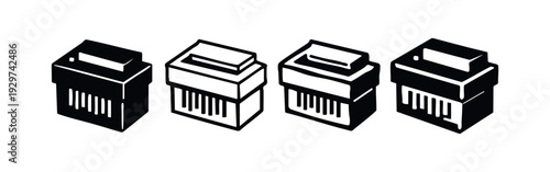 Isometric Paper Shredder with Strip and Cross-Cut Icons Set