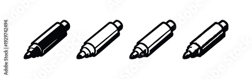 Isometric marker pen icons in a set, featuring solid, outline, detailed, and pixel art styles on white.