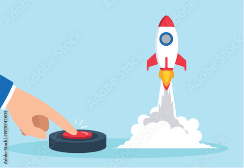  Flat illustration of businessman hand pushes start button to launch rocket representing initiation of new startup