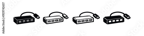 Isometric and 3D USB Hub Icons Set with Multiple Ports and Data Cable