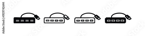 Set of Four Flat Design USB Hub Icons for Computer Peripherals and Data Connection