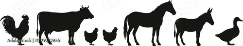 Farm animal silhouettes set, domestic livestock collection with horse cow donkey rooster hen and duck, black vector icons for rural agriculture and organic farming design