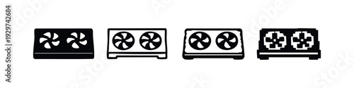 GPU Graphics Card Vector Icon Set with Cooling Fans for Gaming and Computing