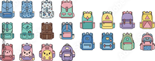 Cute colorful school backpacks collection with cartoon animal designs kids bag vector illustration set