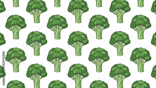 Simple seamless vegetable pattern composed of multiple green broccoli heads arranged in a grid across a plain white background.