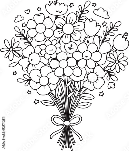 Detailed illustration of a bouquet of flowers with intricate line work and shading on a white background