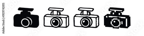 Simplified Front View Dash Camera Icon Set with Solid, Outline, Bold, and Pixel Art Styles