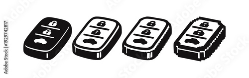 Isometric Car Remote Key Fob Icons Set with 3D and Pixel Art Effects