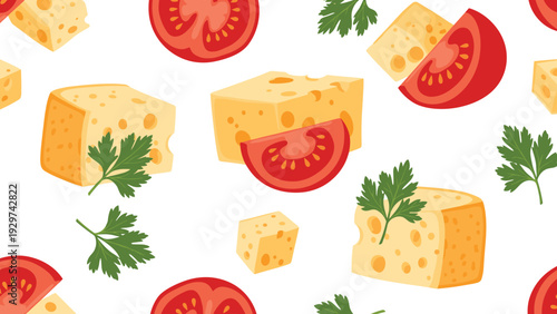 Food pattern with cubes of yellow cheese fresh tomato slices and green parsley leaves scattered over a white background surface.