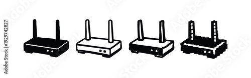 Set of wireless router icons with front details in a 3D perspective. Black and white vector.