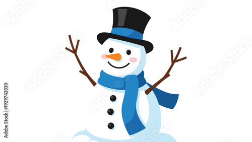 Snowman character wearing a black top hat and a blue scarf waves happily in this charming winter holiday season illustration for kids.