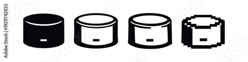 Set of cylindrical battery icons in various styles. Black and white vector illustrations.