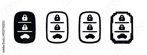 Car Remote Key Icon Set with Lock and Unlock Functions in Various Styles