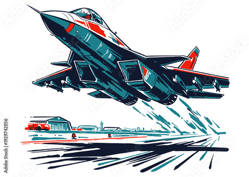 Powerful military jet takeoff vector illustration. Modern fighter aircraft dynamic action. Air combat plane soaring.